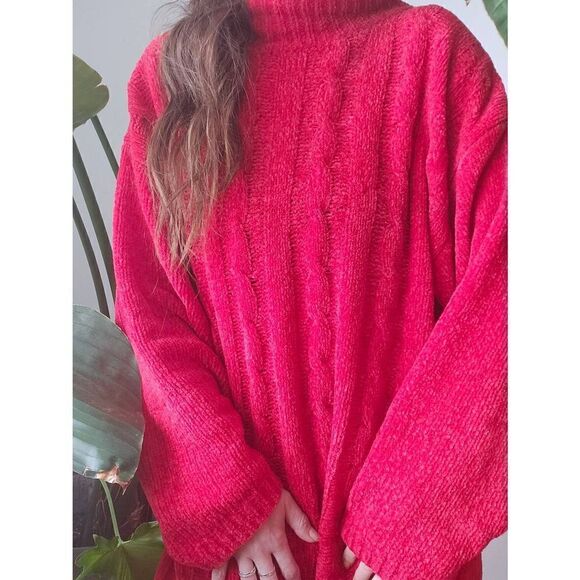 Red Christmas 90s Vintage Sweater Dress Mini Oversized Sexy Soft  - Picture 2 of 5